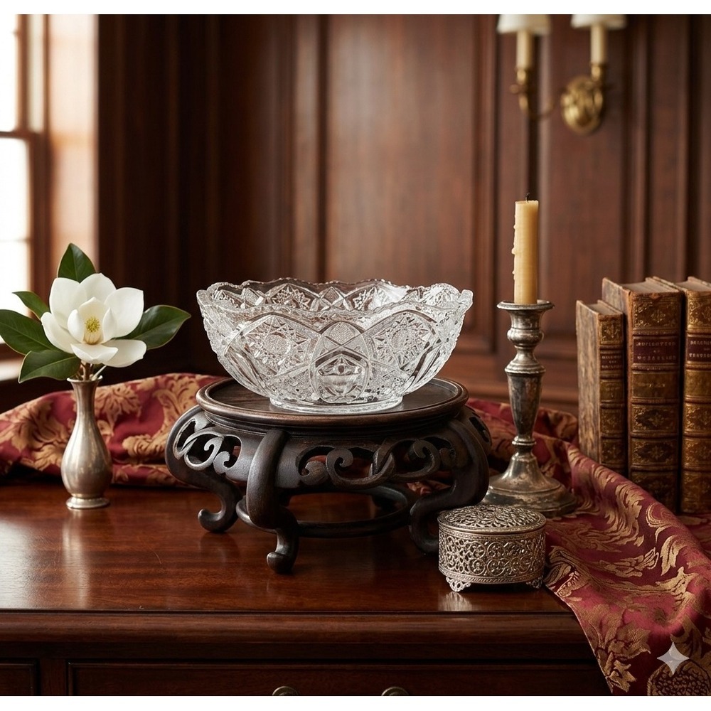 Smith Glass Antique EAPG Clear Cut Crystal Pattern Centerpiece Bowl Sawtooth Rim